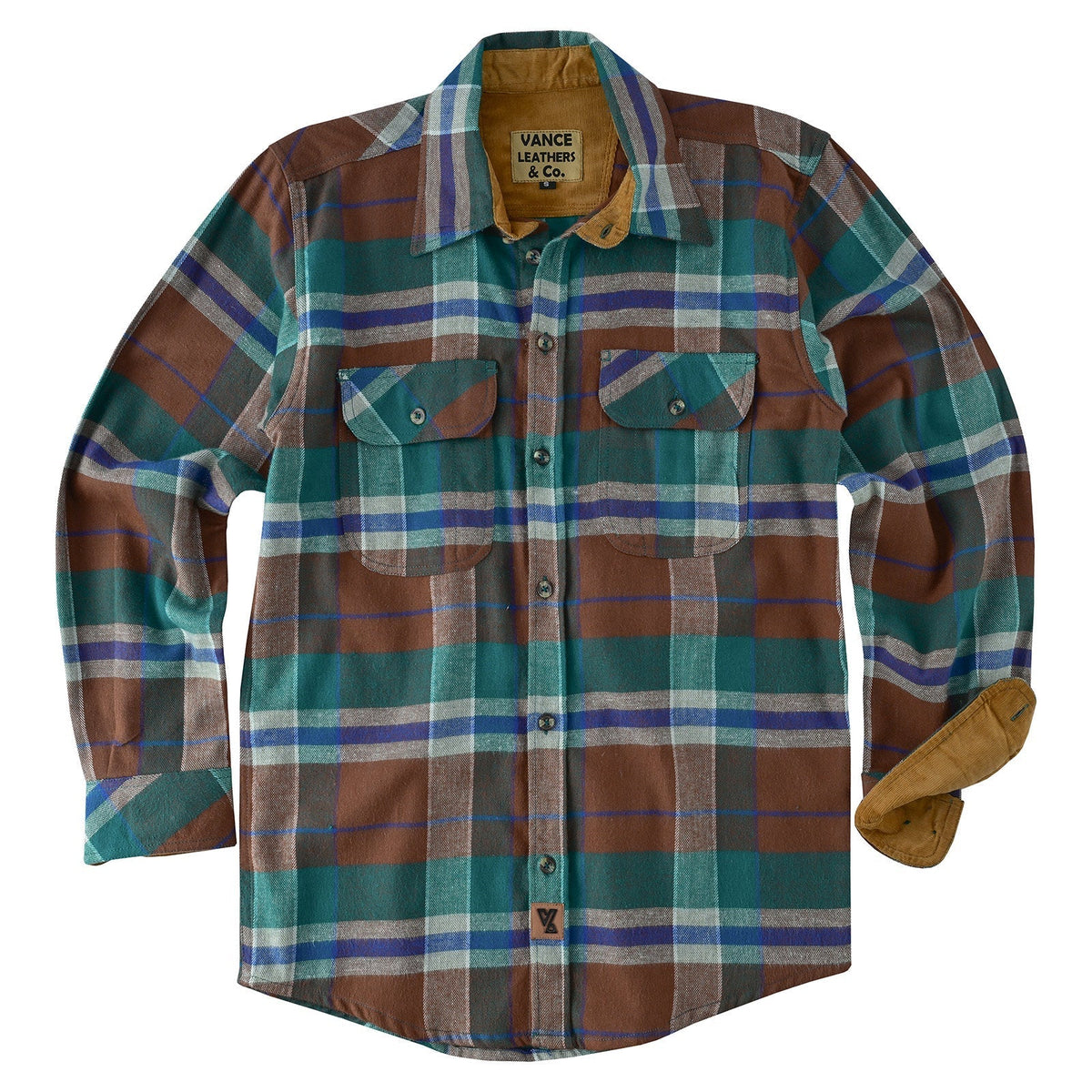 Men's Smoky Mountain Long Sleeve Plaid Button Down Casual Flannel Shirt, 100% Cotton, Corduroy Collar & Cuffs