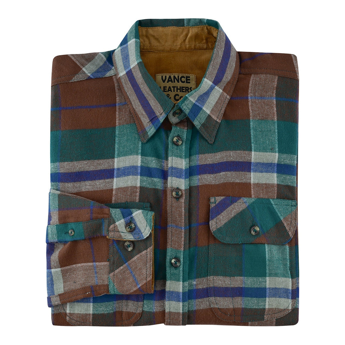 Men's Smoky Mountain Long Sleeve Plaid Button Down Casual Flannel Shirt, 100% Cotton, Corduroy Collar & Cuffs