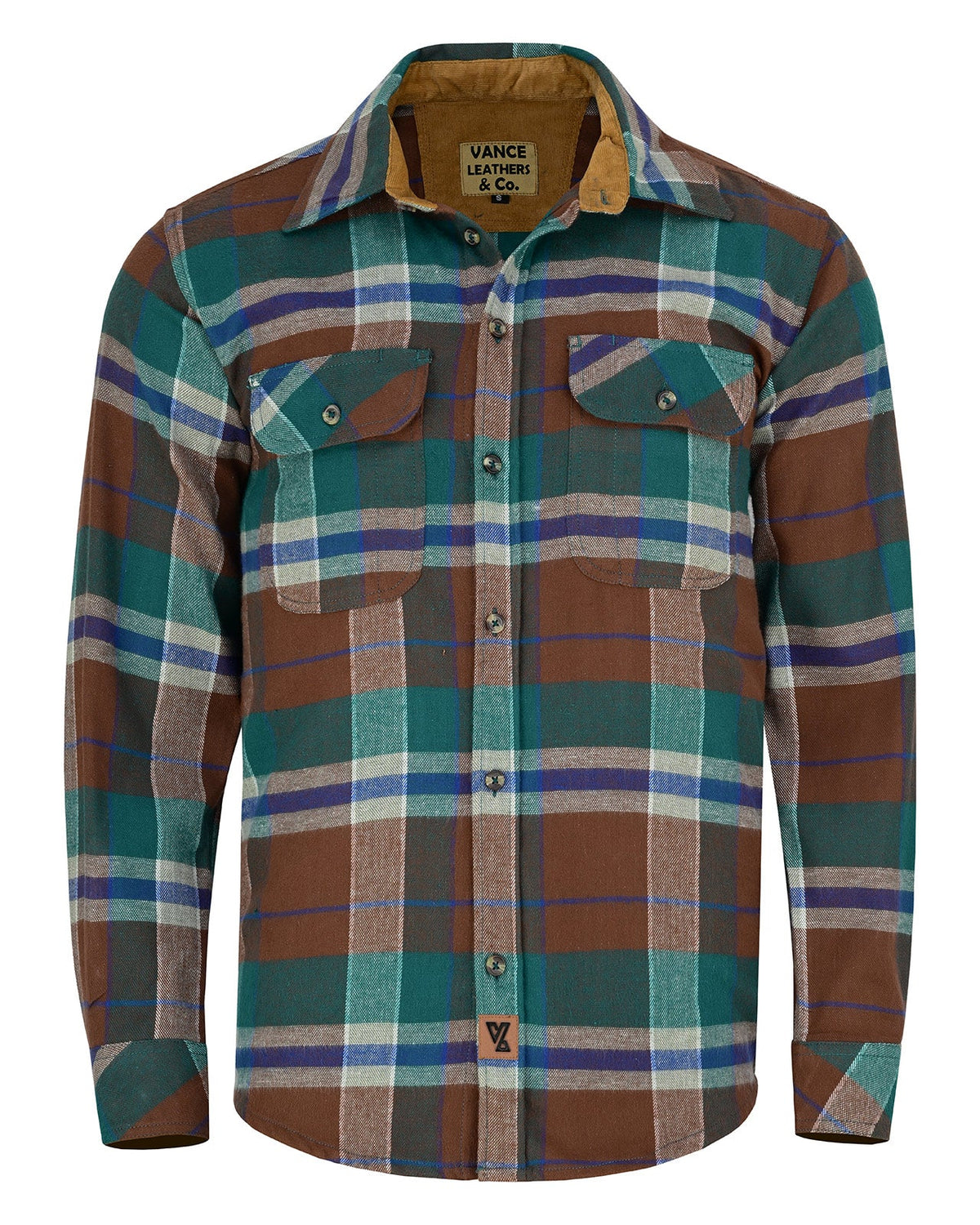 Men's Smoky Mountain Long Sleeve Plaid Button Down Casual Flannel Shirt, 100% Cotton, Corduroy Collar & Cuffs