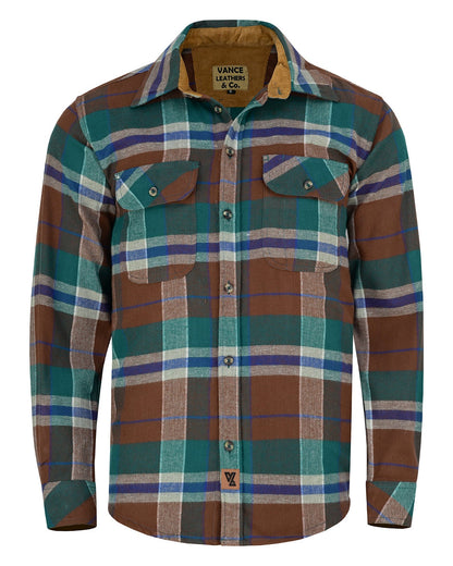 Men's Smoky Mountain Long Sleeve Plaid Button Down Casual Flannel Shirt, 100% Cotton, Corduroy Collar & Cuffs