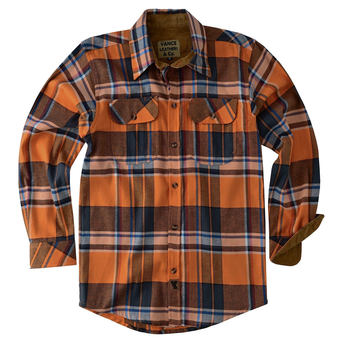 Men's Cobalt Long Sleeve Plaid Button Down Casual Flannel Shirt, 100% Cotton, Corduroy Collar & Cuffs