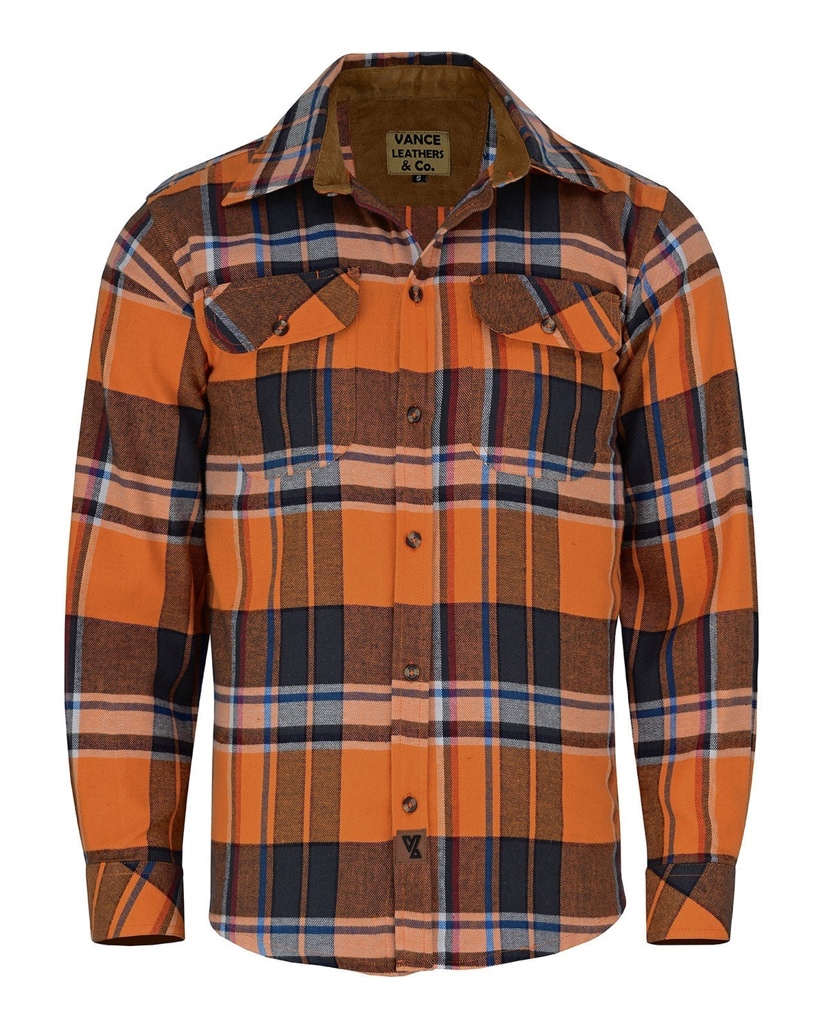 Men's Cobalt Long Sleeve Plaid Button Down Casual Flannel Shirt, 100% Cotton, Corduroy Collar & Cuffs