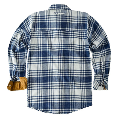 Men's Glacier Blue & White Long Sleeve Plaid Button Down Casual Flannel Shirt, 100% Cotton, Corduroy Collar & Cuffs
