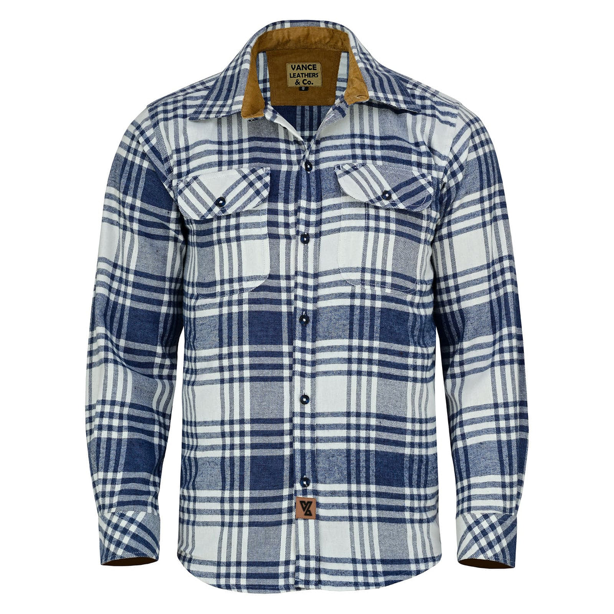 Men's Glacier Blue & White Long Sleeve Plaid Button Down Casual Flannel Shirt, 100% Cotton, Corduroy Collar & Cuffs