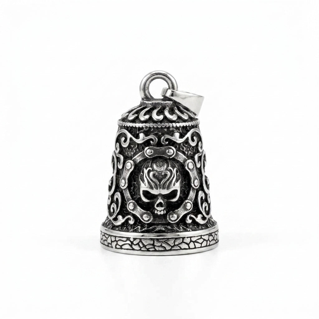 Stainless Steel Biker Ring - Skull Bell Charm Motorcycle Bells Decor M