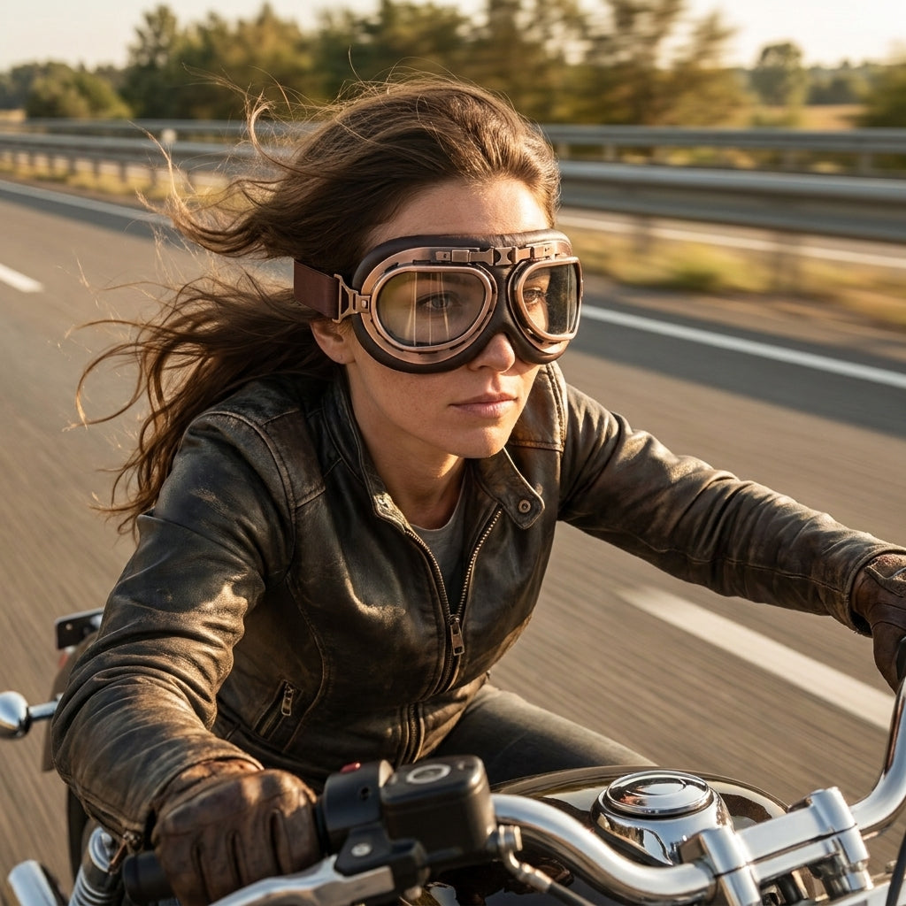 Rider wearing vintage aviator goggles at speed