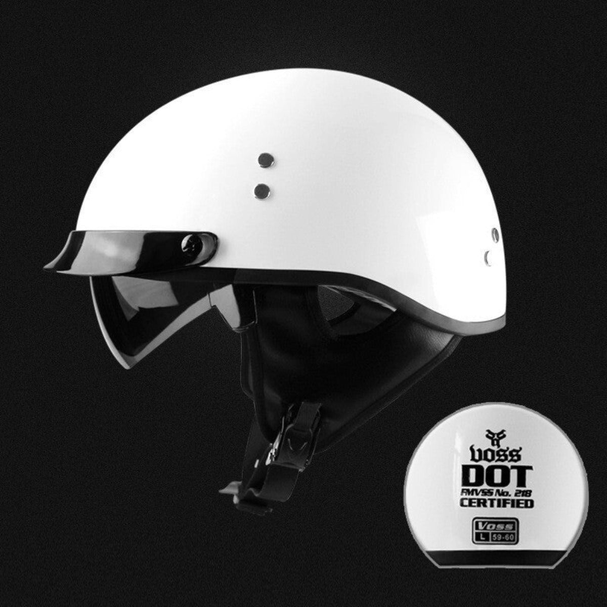 A stylish white motorcycle helmet on a black background, ensuring safety with its D.O.T Certified Vintage Half Face Biker Helmet status.