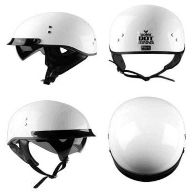 Four different views of a D.O.T Certified Vintage Half Face Biker Helmet, highlighting its safety and style.