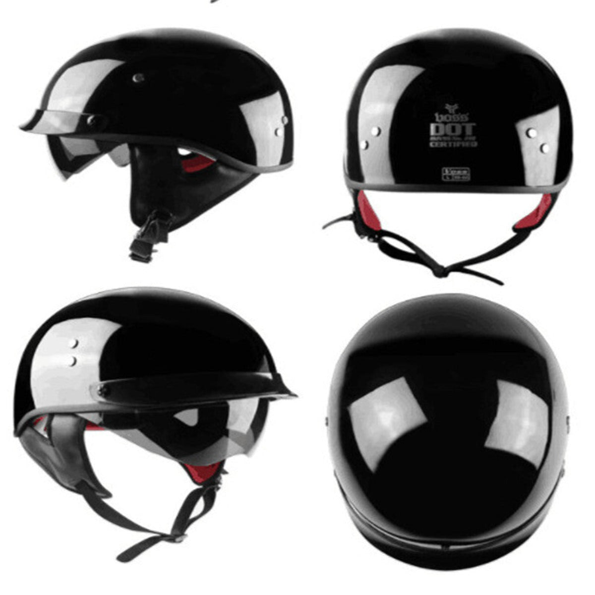 A collection of stylish black D.O.T Certified Vintage Half Face Biker Helmets, showcased against a clean white background.