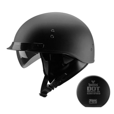 A black D.O.T Certified Vintage Half Face Biker Helmet with a safety dot on it.