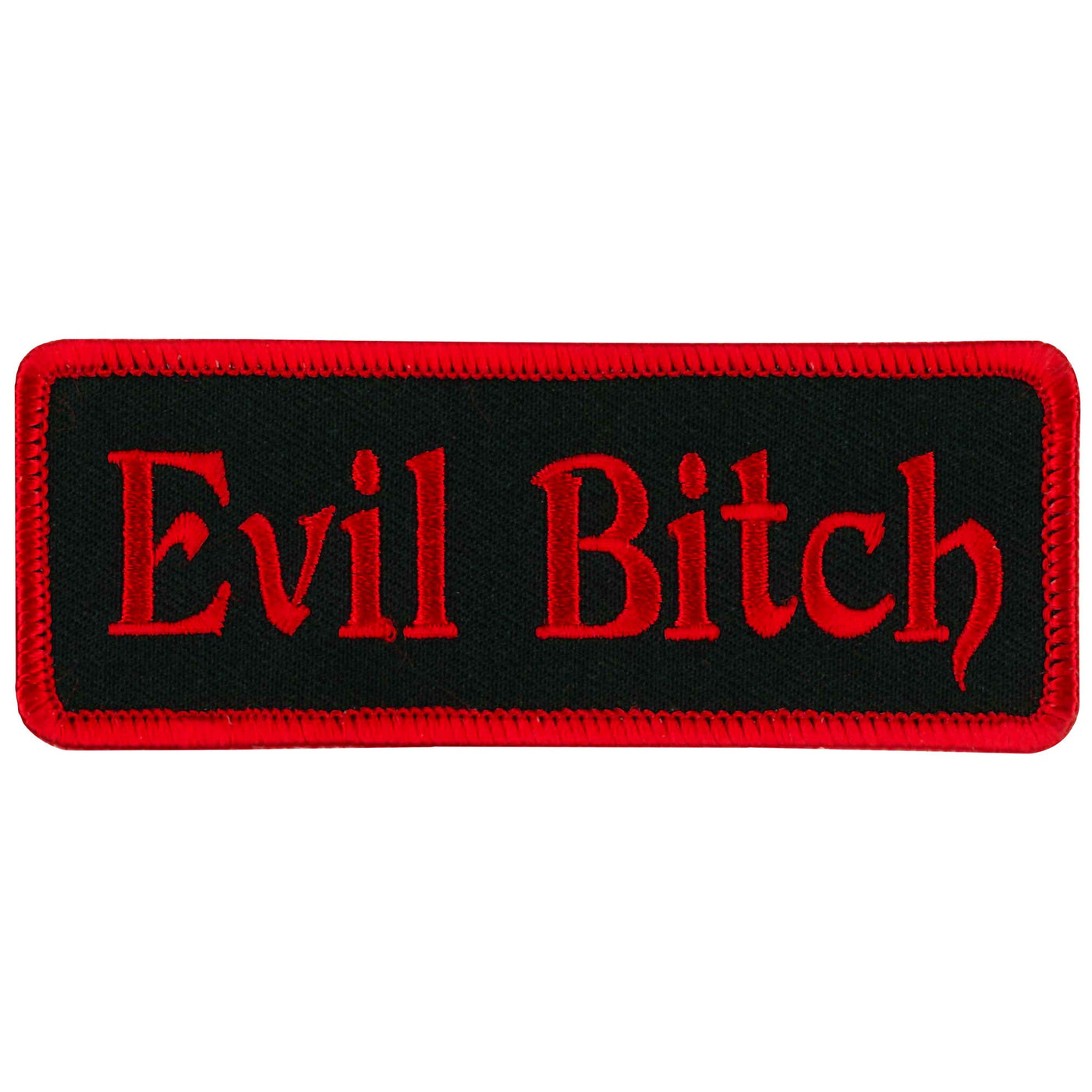 The Hot Leathers 4" Evil Bitch Patch is a rectangular leather patch with red borders and "Evil Bitch" text on a black background, ideal for making a bold statement. This iron-on patch is easy to apply, adding edgy flair to your attire without complex sewing instructions.