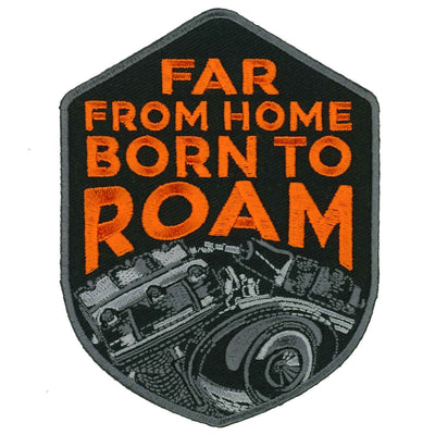 The Hot Leathers Far From Home 3" X 4" Patch features an image of a car engine and the text "Far From Home Born To Roam" embroidered in orange. It's designed to be easily sewn onto clothing without creating permanent holes on your jacket.