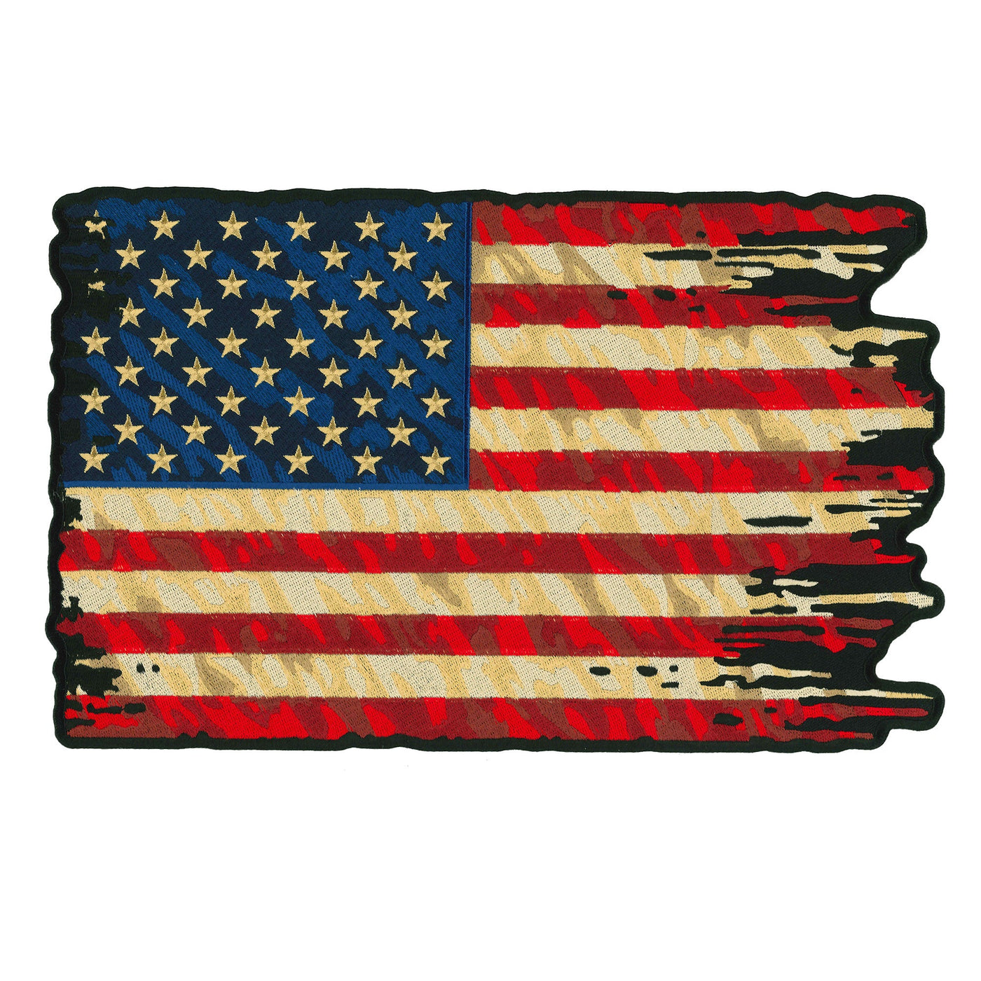 Hot Leathers 12" Tattered Flag Patch features a distressed American flag illustration with frayed edges and faded colors, enhanced by sewn patches for added ruggedness.