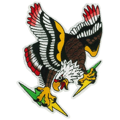 Detailed depiction of an intense eagle with outspread wings, clutching vivid green and yellow lightning bolts in its talons. Mainly featuring shades of brown, white, red, and yellow, this striking design is ideal as a Hot Leathers Eagle Bolts Patch 4" or for use on iron-on patches.