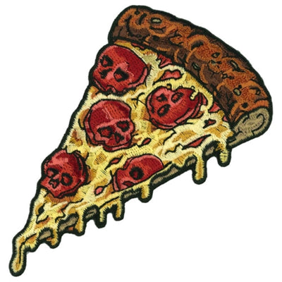 A slice of pizza featuring a melding of cheese and pepperoni pieces shaped like eerie red skulls, resembling they were intricately ironed on or sewn to craft a spooky masterpiece – just like the Hot Leathers Pepperoni Skull Pizza Slice 4" Patch.