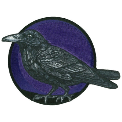 Embroidered patch featuring a black raven against a purple background, designed for Hot Leathers 4" Raven Patch collection.