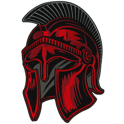 Illustration of a red and black ancient Roman helmet with a crest, perfect for sew on patches or Hot Leathers 12" Roman Soldier Helmet Patch.