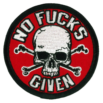 From the Hot Leathers patch collection, the 3" No Fucks Given Skull Patch showcases a striking skull and crossbones design. It has a red background accented by a black border, with the phrase "NO F*S GIVEN" boldly displayed in white letters. This patch is perfect for injecting some attitude into your jackets, whether you choose to sew it on or use it as an iron-on.