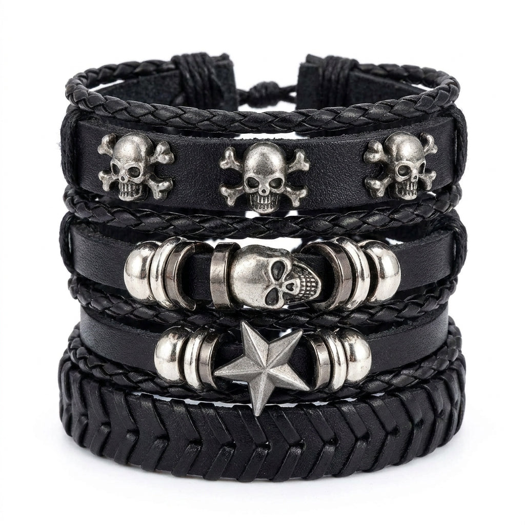 Stainless Steel Biker Ring - Punk Multilayer Antique Leather Bracelet