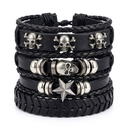 Stainless Steel Biker Ring - Punk Multilayer Antique Leather Bracelet