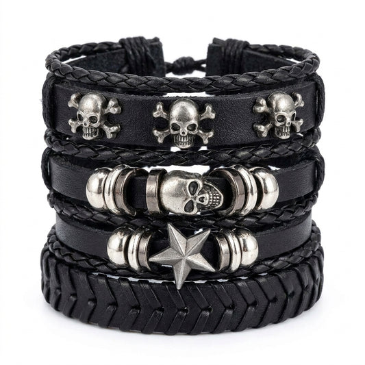 Stainless Steel Biker Ring - Punk Multilayer Antique Leather Bracelet