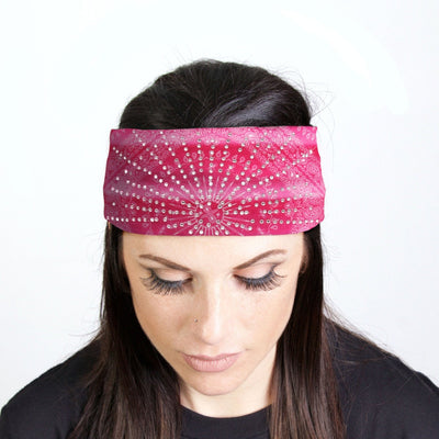 A woman rocking a Hot Leathers Bandana Headband Wraps w/Rhinestones, Pink adorned with sparkling rhinestone crystals.