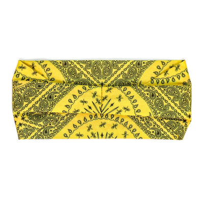 A Hot Leathers Bandana Headband Wraps w/Rhinestones, Yellow, with a paisley pattern, featuring a touch of sparkle with rhinestone crystals.