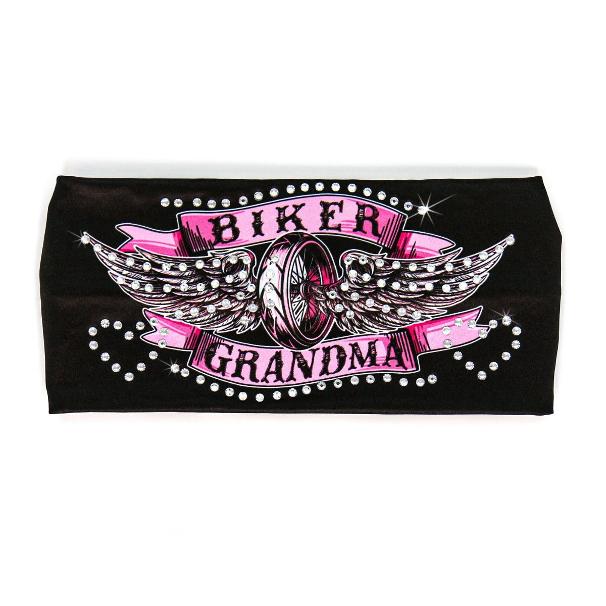 Sparkling Hot Leathers Biker Grandma Bandana Headband Wraps adorned with rhinestone crystals for a touch of glamour and biker style.