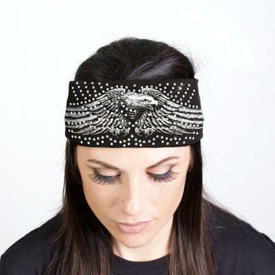 A woman rocking a Hot Leathers Downwing Eagle Bandana Headband Wrap with rhinestone crystals.