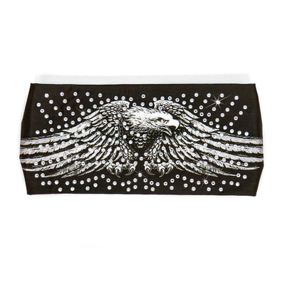 A black and white fabric with a Hot Leathers Downwing Eagle Bandana Headband Wraps w/Rhinestones design, perfect for biker style enthusiasts.