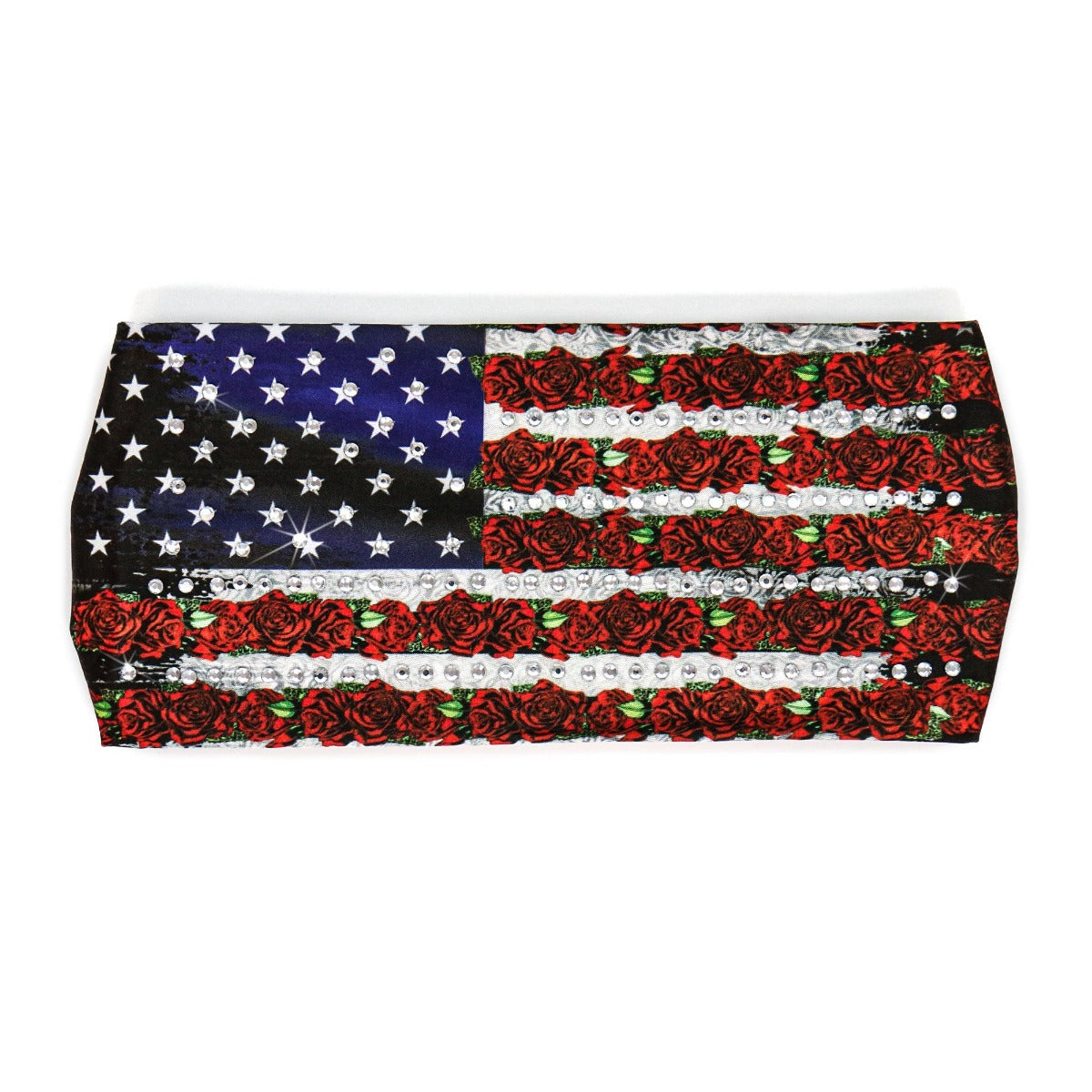 An American flag Hot Leathers Flag Rose Bandana Headband Wrap with red roses on it, featuring rhinestone crystals for a sparkling biker style.