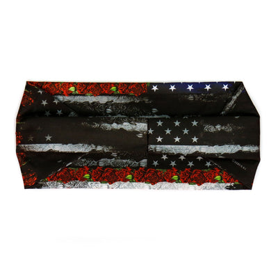 A Hot Leathers Flag Rose Bandana Headband Wraps w/Rhinestones with an American flag and biker style.
