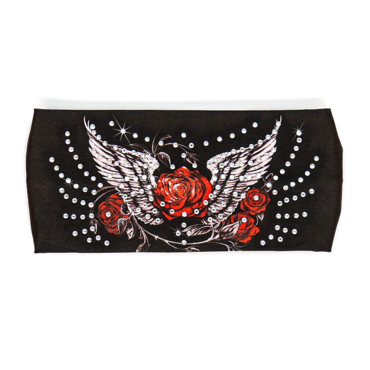 An elegant Hot Leathers Flying Rose Bandana Headband Wraps w/Rhinestones adorned with roses and delicate wings.