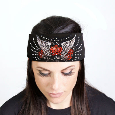 A woman wearing a Hot Leathers Flying Rose Bandana Headband Wraps w/Rhinestones.