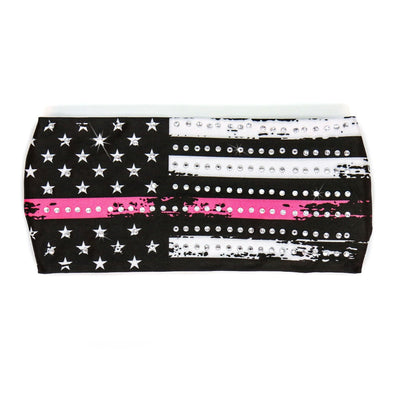 A black and pink Hot Leathers Pink Flag Bandana Headband Wrap with rhinestone crystals, adding a touch of sparkle to its biker style.