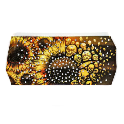 A tray with Hot Leathers Sunflower Skulls Bandana Headband Wraps w/Rhinestones, adding a touch of sparkle to your tabletop décor.