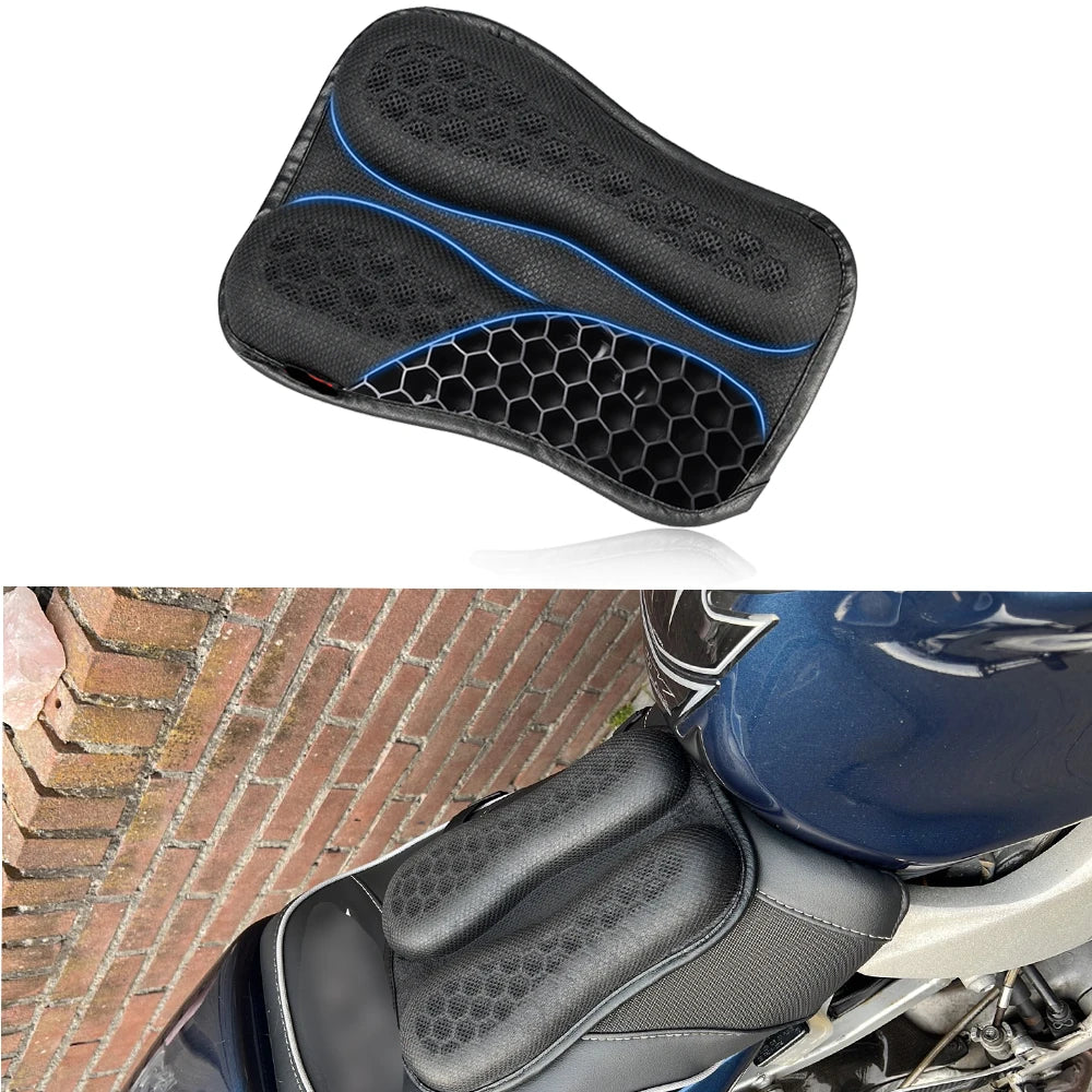 The Alr™ 3D Motorcycle Seat Gel Cushion in black and blue features a breathable honeycomb structure, enhancing style and comfort. It is shown both separately and on a seat, offering a universal fit for most bikes.