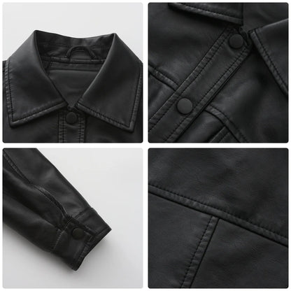 Alr™ Women's Short Leather Biker Jacket with Lapel and Two Pockets