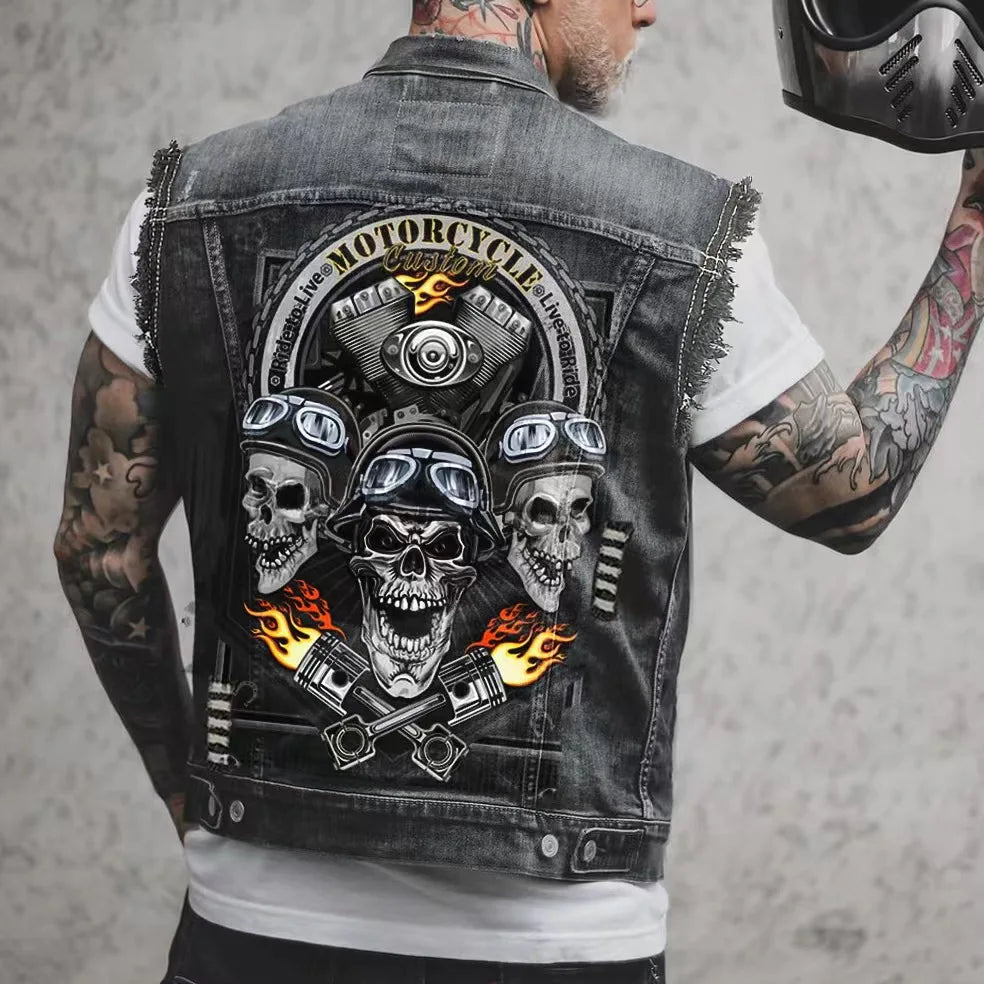 Alr™ Men's Denim Biker Motorcycle Vest, Three Skull