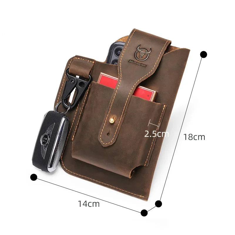 The ALR™ New Men's Leather Waist Bag is a rugged, brown leather phone holster with a snap button to securely hold your phone, cards, and car key. Perfect for motorcycle riders seeking convenience on the go. Dimensions: 18cm x 14cm x 2.5cm.