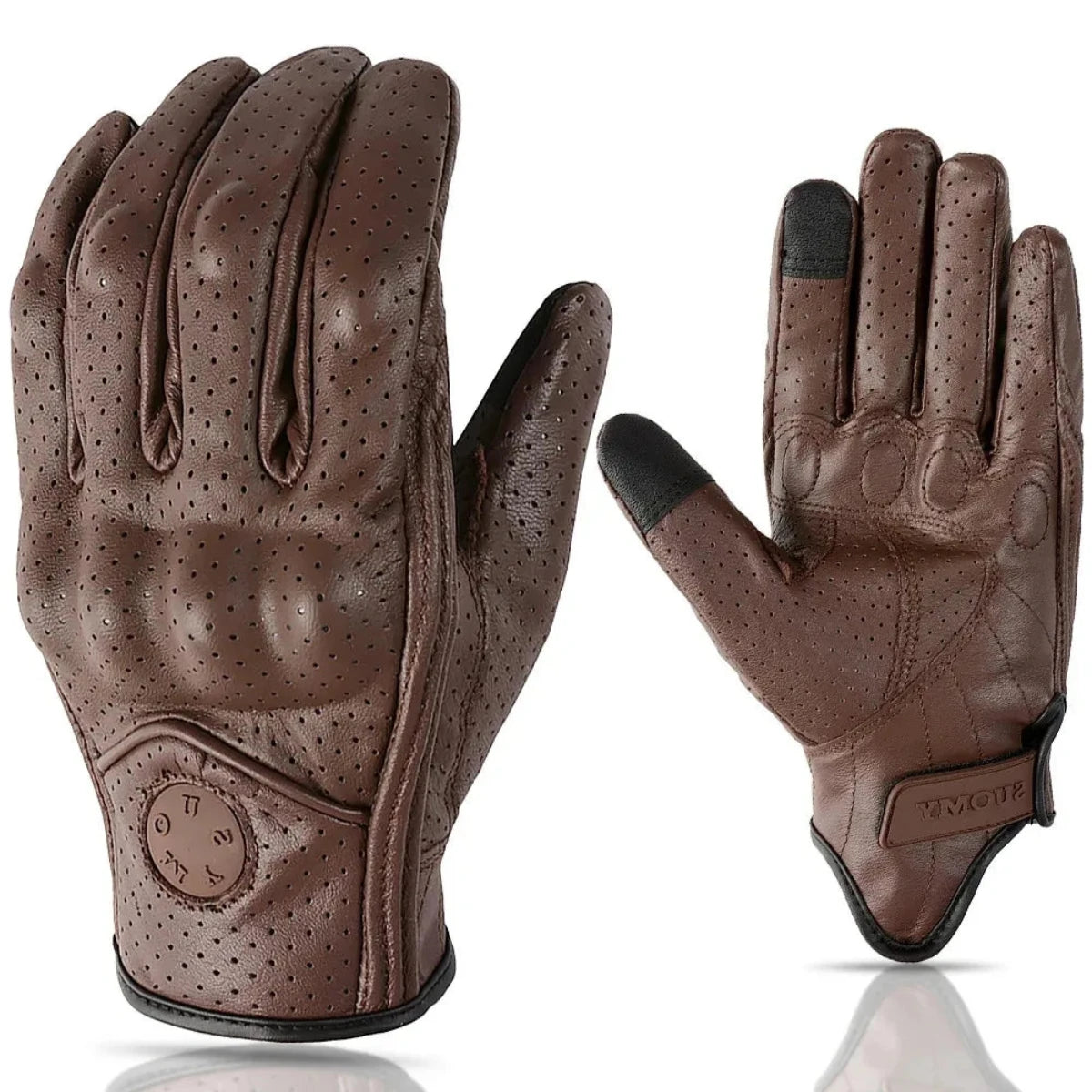 Alr™ Vintage Goatskin Full-Finger Motorcycle Gloves featuring a perforated design and shockproof, black touchscreen-compatible fingertips, shown from both front and back views.