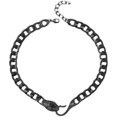 The ALR™ Vintage Punk Viper Necklace boasts a sleek black snake shape with a textured head and tail, linked by interlocking chains. Its chunky design and subtle snake motifs inject edgy charm into any outfit.