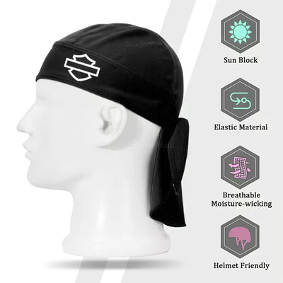 Side view of a mannequin head wearing an ALR™ Summer Cycling Cap in black with icons highlighting sun block, elastic material, moisture-wicking fabric, and a unisex helmet liner design.