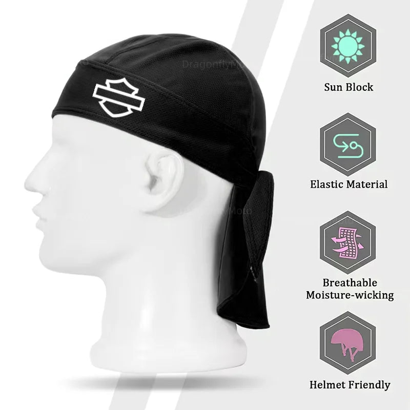 Side view of a mannequin head wearing the Summer Cycling Cap Quick Dry Breathable Pirate Hat, featuring sun block, elastic material, moisture-wicking properties, and a helmet-friendly design. Its unisex appeal makes it versatile for everyone on a Harley-Davidson PAN AMERICA 1250 S PA1250 Sportster S 1250.