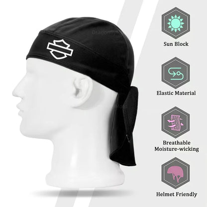 Side view of a mannequin head wearing the Summer Cycling Cap Quick Dry Breathable Pirate Hat, featuring sun block, elastic material, moisture-wicking properties, and a helmet-friendly design. Its unisex appeal makes it versatile for everyone on a Harley-Davidson PAN AMERICA 1250 S PA1250 Sportster S 1250.
