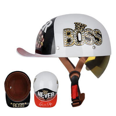 Check out the ALR™ Baseball Cap Motorcycle Helmet! This lightweight helmet boasts a vintage style, white design with brown straps, and "BOSS" written in gold and black rhinestones. It features motivational messages "NEVER" and "Give Up" on the back and includes a transparent visor.