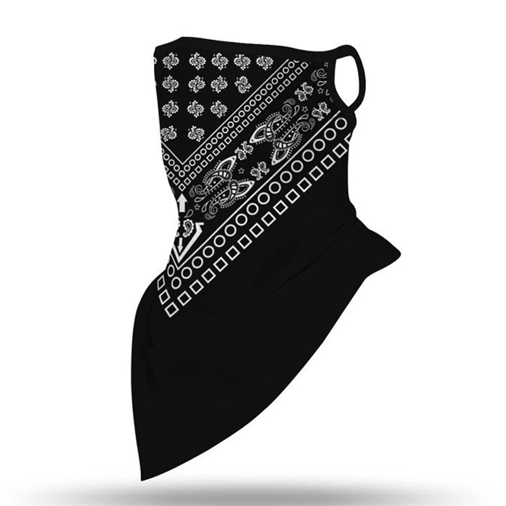The ALR™ Outdoor Balaclava Motorcycle Face Mask, featuring a black bandana design with white paisley and geometric patterns, is a versatile addition to motorcycle accessories.