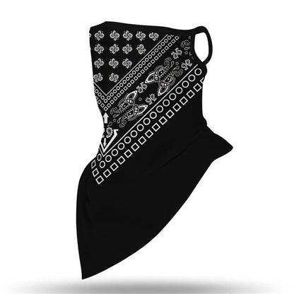 The ALR™ Outdoor Balaclava Motorcycle Face Mask, featuring a black bandana design with white paisley and geometric patterns, is a versatile addition to motorcycle accessories.
