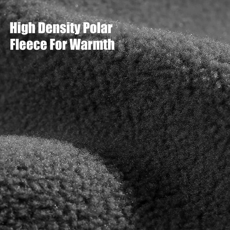 Close-up of dark gray ALR™ Winter Fleece Warm Camouflage Balaclava fabric highlighting its texture. Text overlay reads, "Cold Resistance High Density Polar Fleece for Warmth.