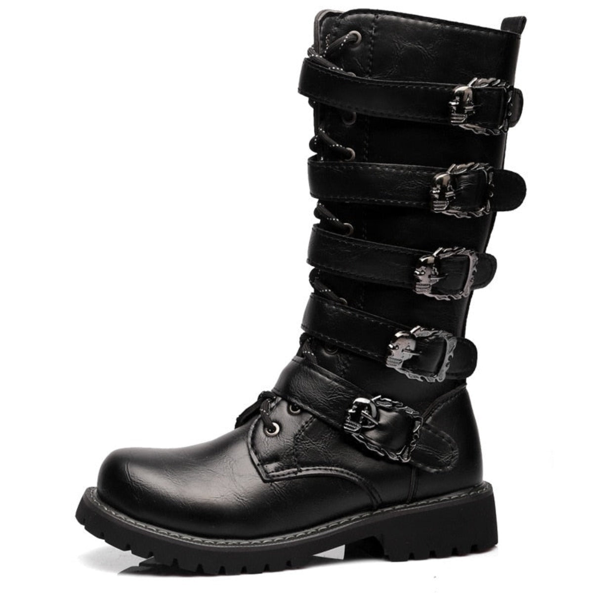A pair of Mid-Calf Leather Motorcycle Riding Boots with a comfortable fit and buckles.